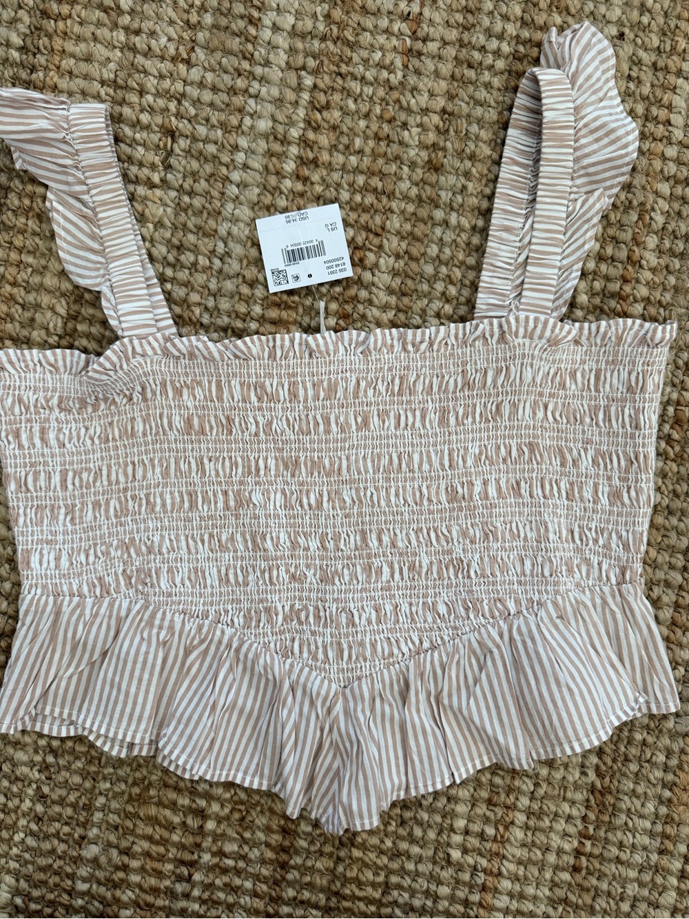 Striped Smocked Ruffle Crop Top - Beige/White